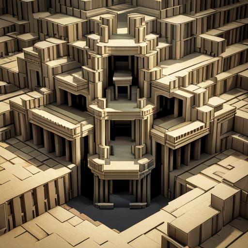 Voxel art by minecraft The "House of Stairs" by Escher // impossible, labyrinthine structure with endless staircases lea...