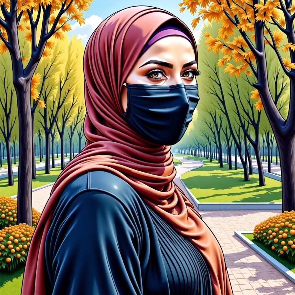 Beautiful Woman in Hijab and Mask Portrait