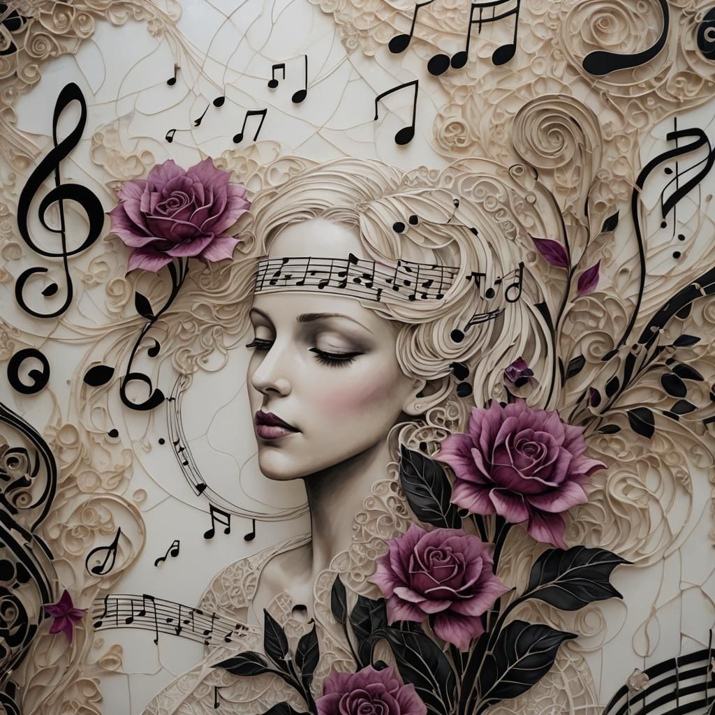 Abstract Woman with Music Notes and Flowers