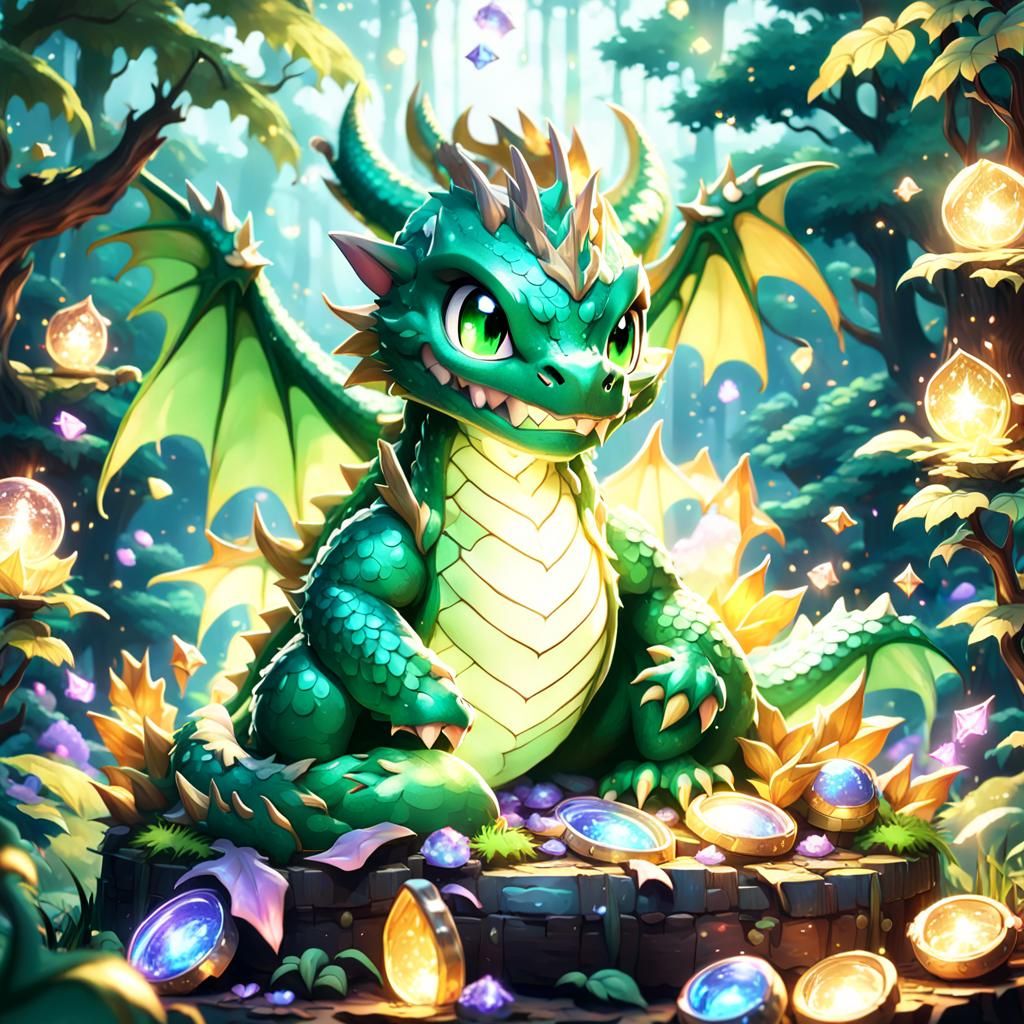 Adorable Dragon with Treasure: Vibrant Anime 3D Art