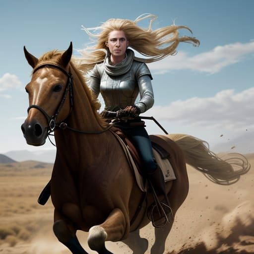 Rogue Blonde Woman on Horse in Windswept Plain