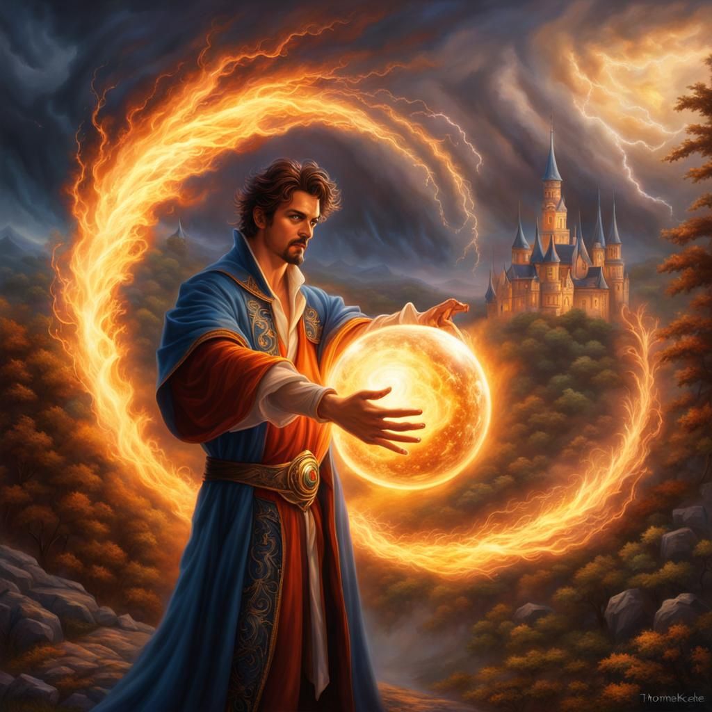Mage Casting Fireball in Lightning Storm, Fantasy Art
