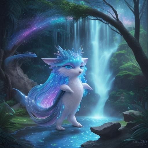 Fantasy Creature by Waterfall, Cosmic Illustration