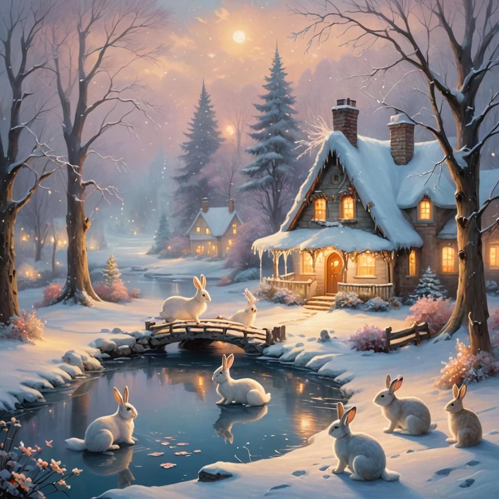 Snow Rabbits in Winter Wonderland Painting