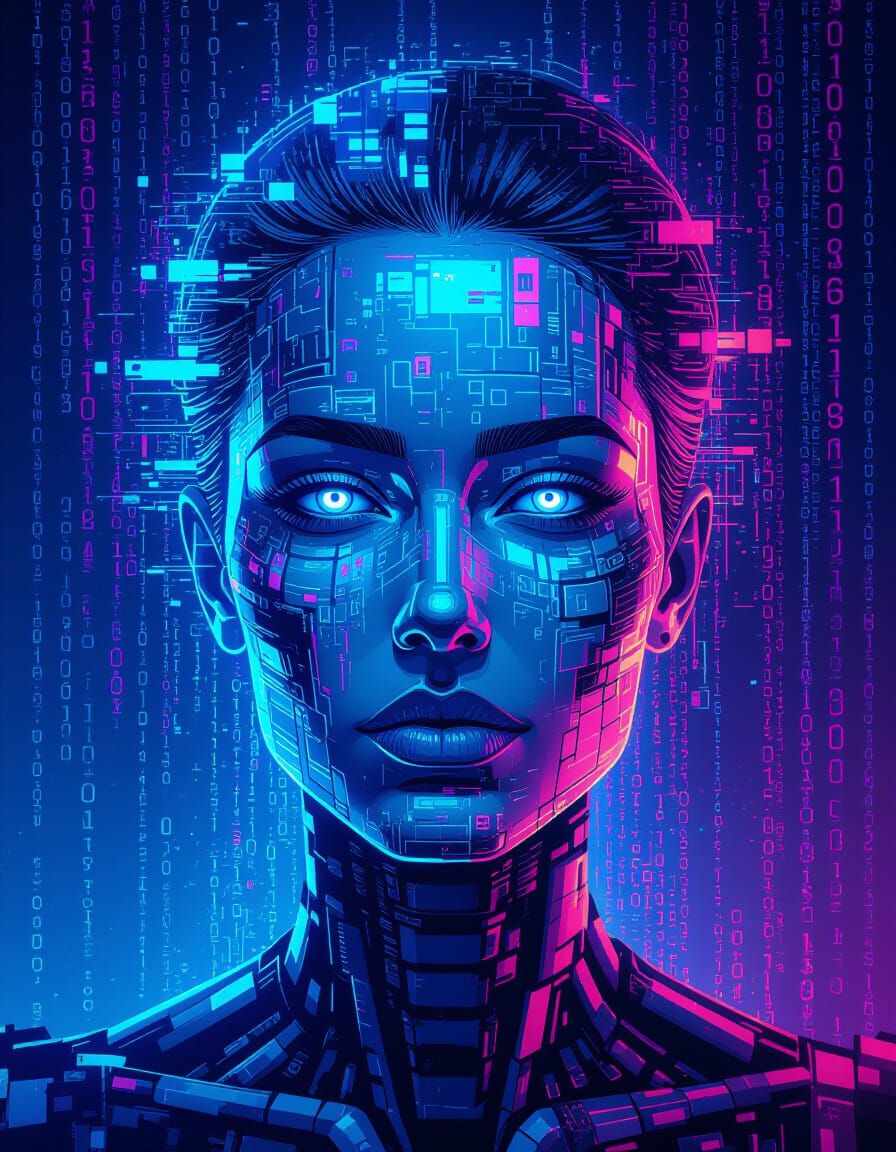 Digital Entity of Shimmering Binary Code in Cyberpunk Style