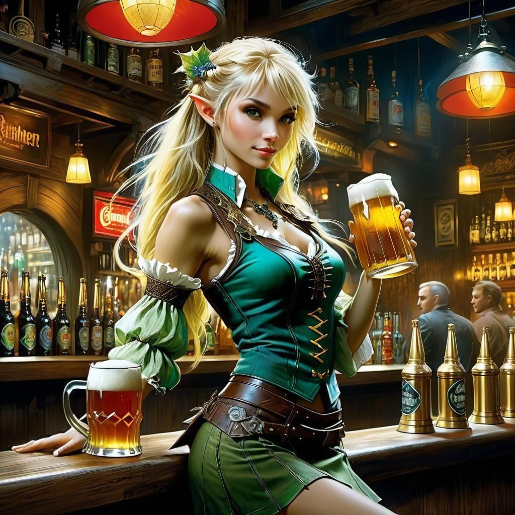 Beautiful Elf Bartender in Anime Style