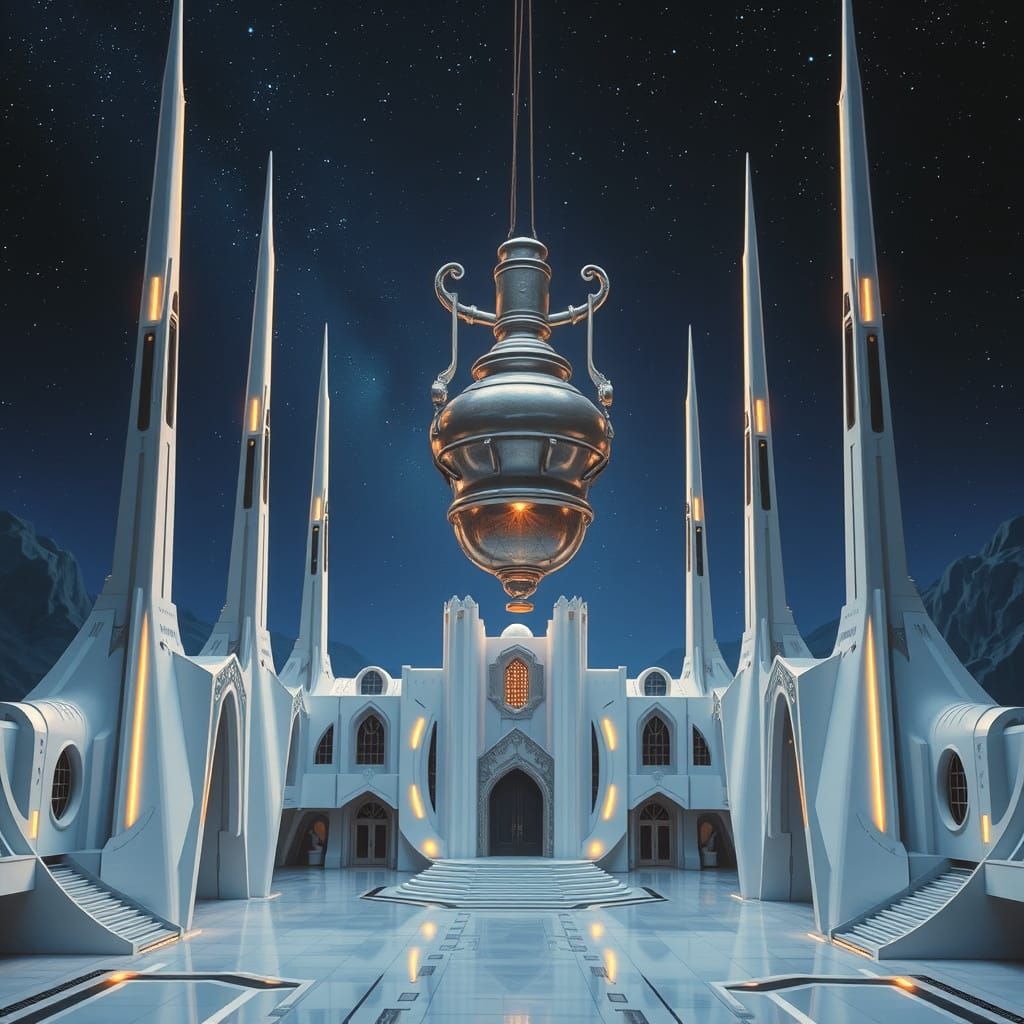 Cyberpunk Monastery Under Starry Night Sky