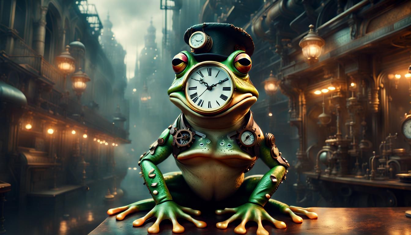 Steampunk Frog with Cyberpunk Clock Digital Painting