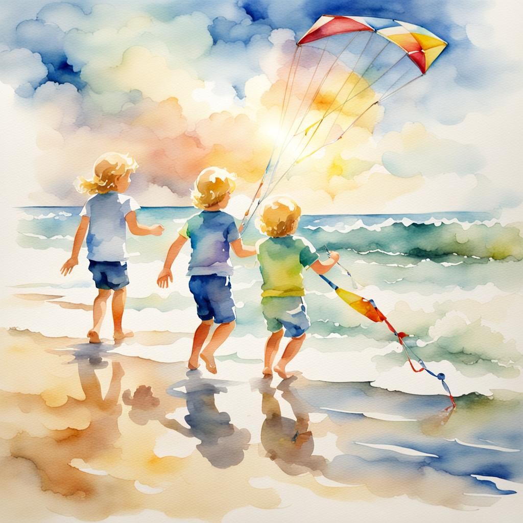 Dreamy Watercolor of Children Flying Kite on Beach