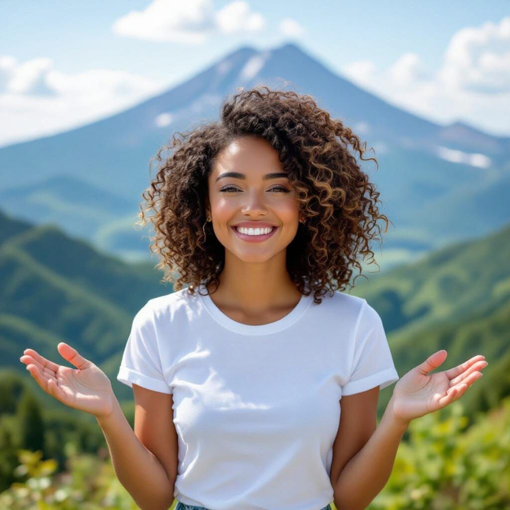 Woman in T-Shirt with Mountain View, Vibrant Digital Art