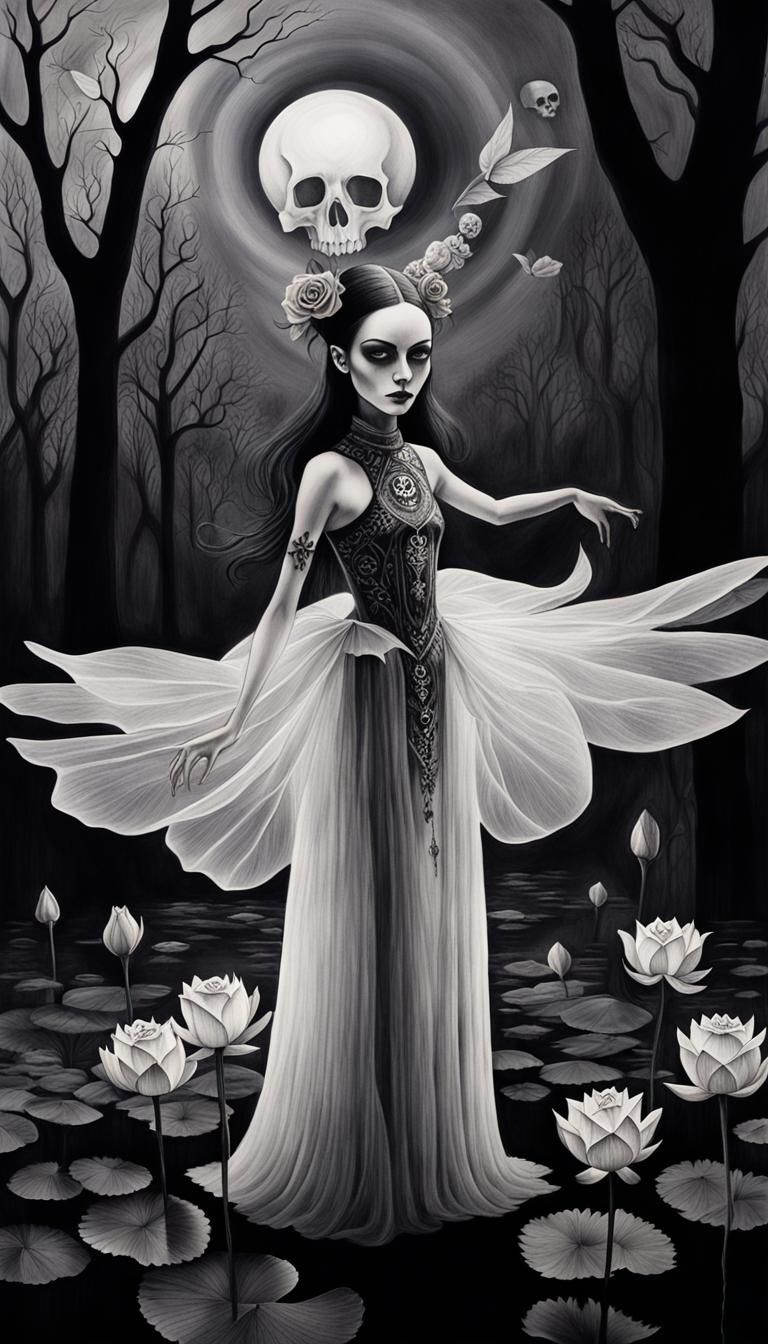 Gothic lotus, Kids Crayon drawings ,surreal (child's drawing )of a goth woman, swimming in blackness, skulls,rose, sym...