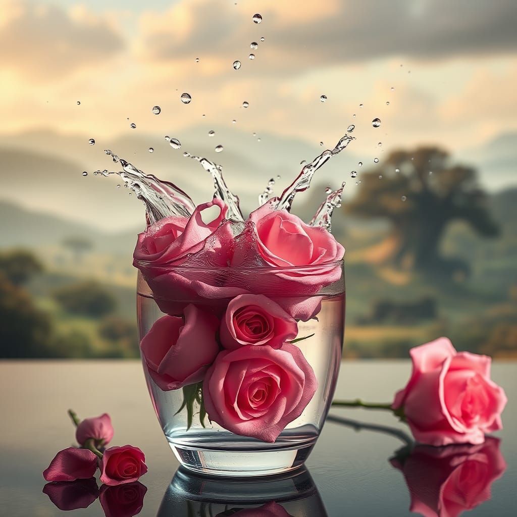 Pink Roses in Glass with Mystical Realm Background