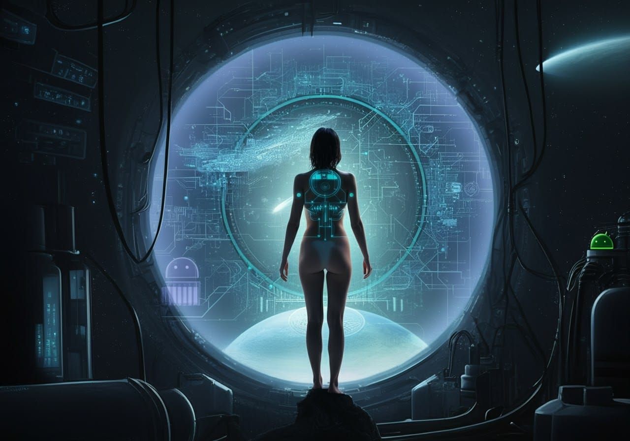 Android Woman in Lab with Cosmic Portal
