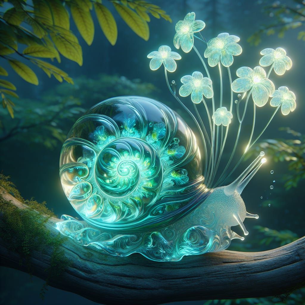 Bioluminescent Flowers in Jade Snail Shell Sculpture