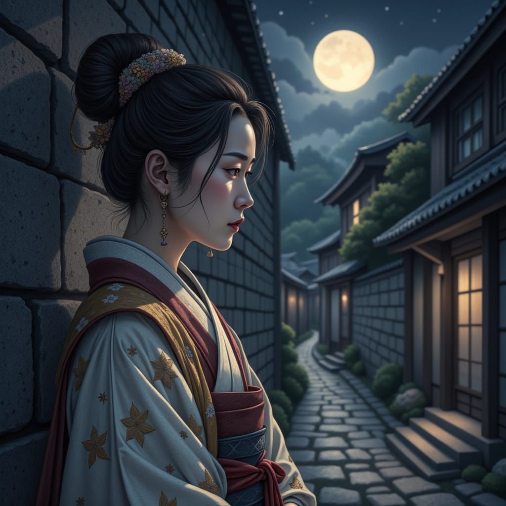 Moonlit Portrait of Woman in Feudal Japan Alley