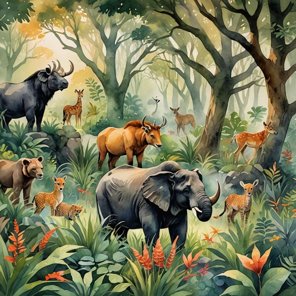 Watercolor Animals in Vibrant Ecosystem