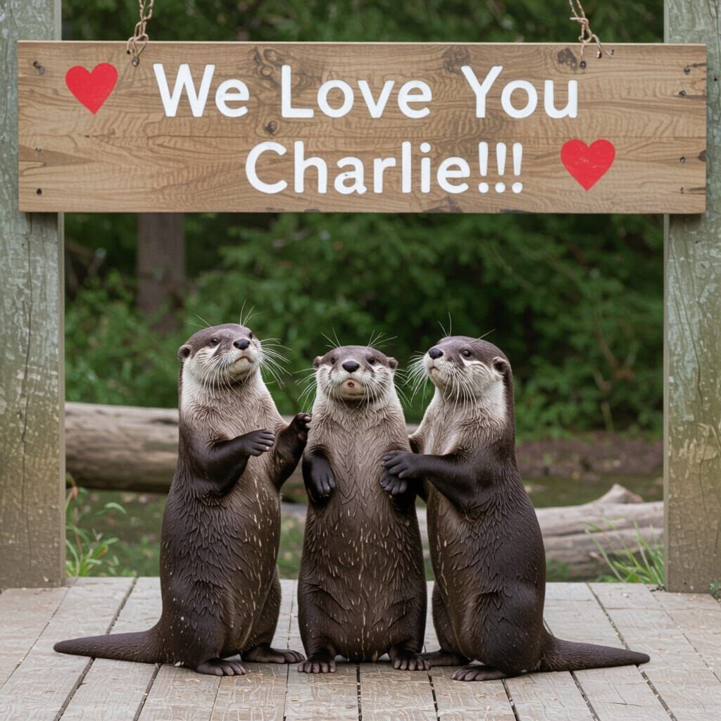 Dancing Otters Under 'We Love You Charlie' Sign