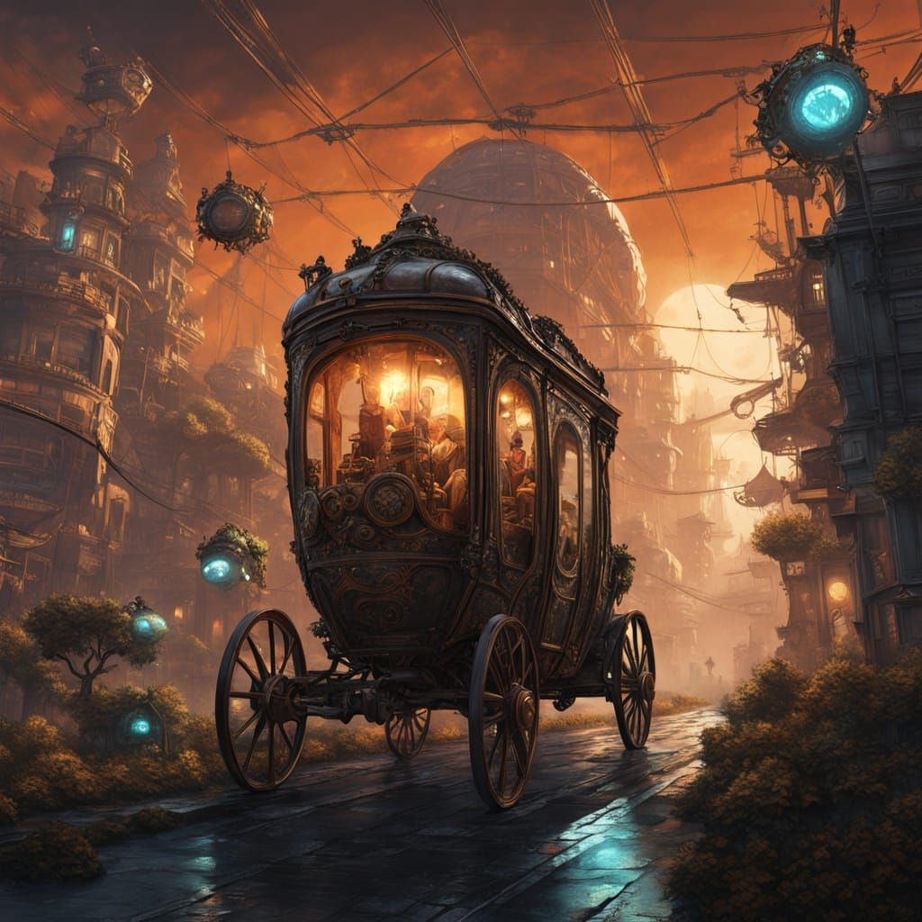 Victorian Carriage Floats Over Futuristic Megalopolis