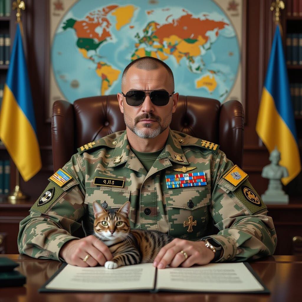Ukrainian Military Officer in Luxurious Office with Bengal C...