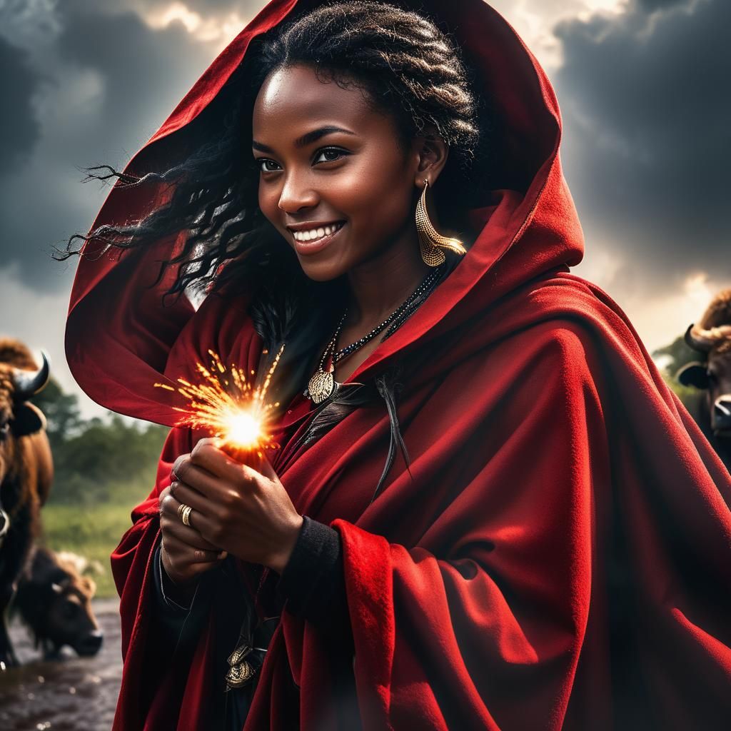 Black Woman Emerges from Hurricane in Red Cloak