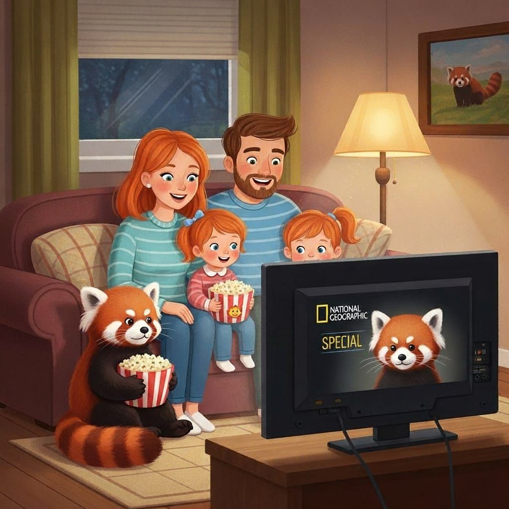 Family Watches Red Pandas on TV with Pet