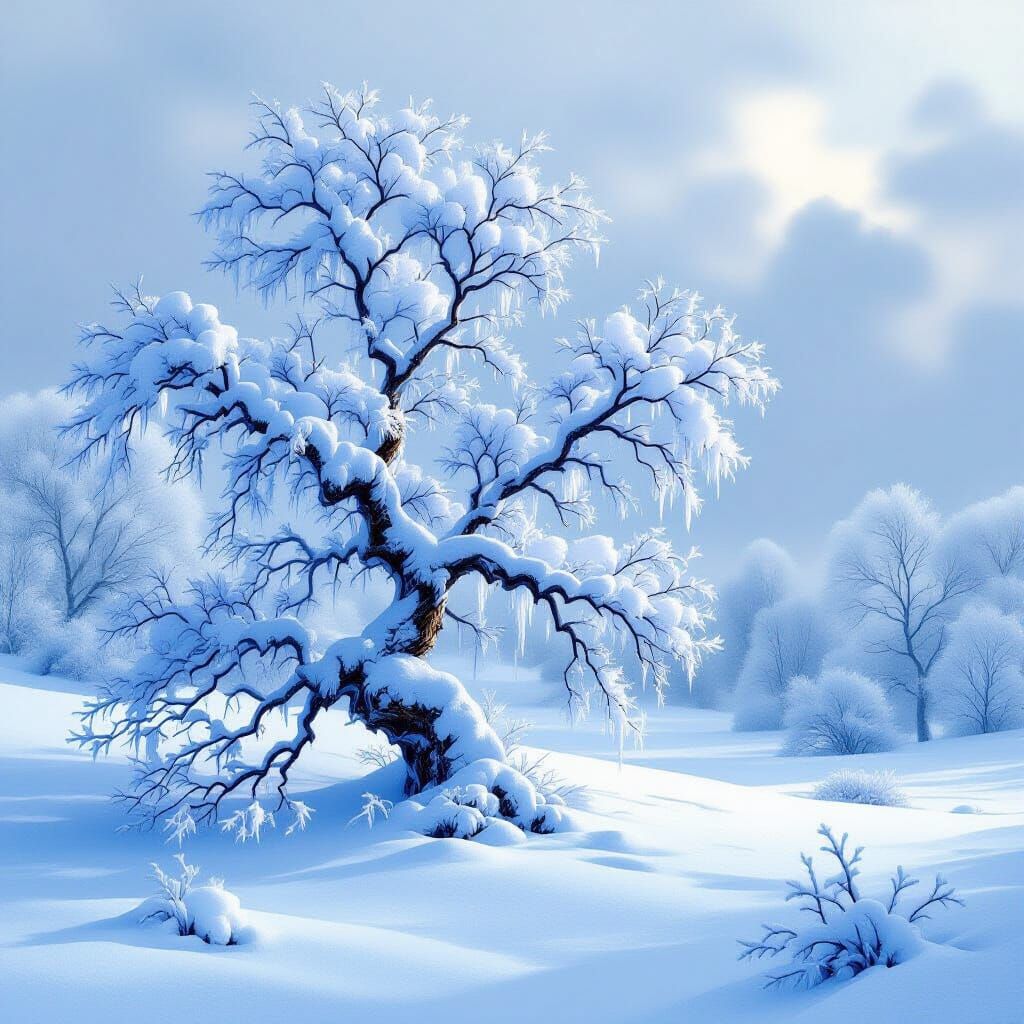 Icy Frozen Tree in Snowy Landscape, Painterly Style
