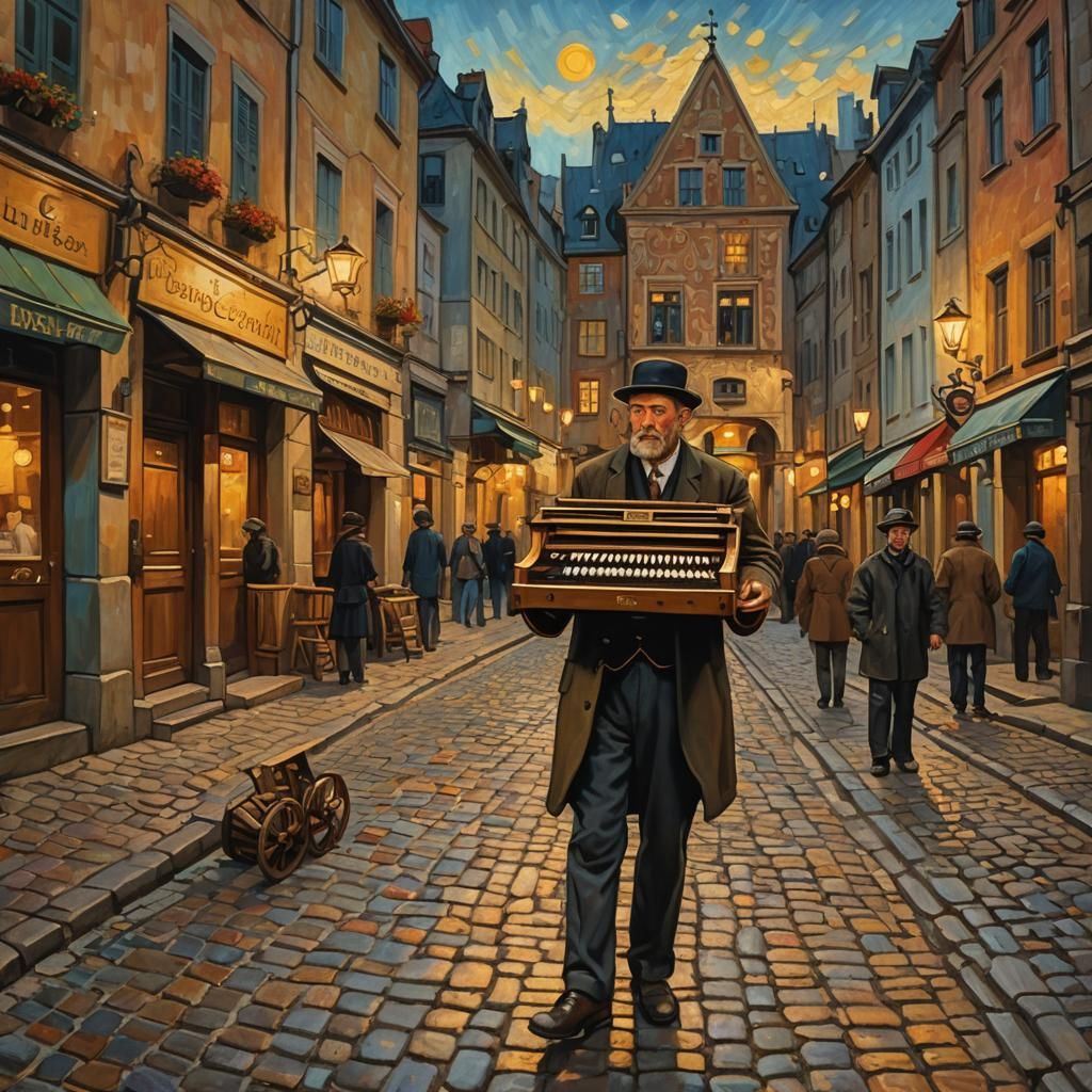 Impressionistic Street Scene with Barrel Organ Player