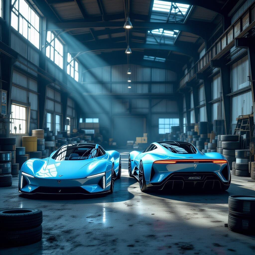 Futuristic Supercars in Abandoned Workshop