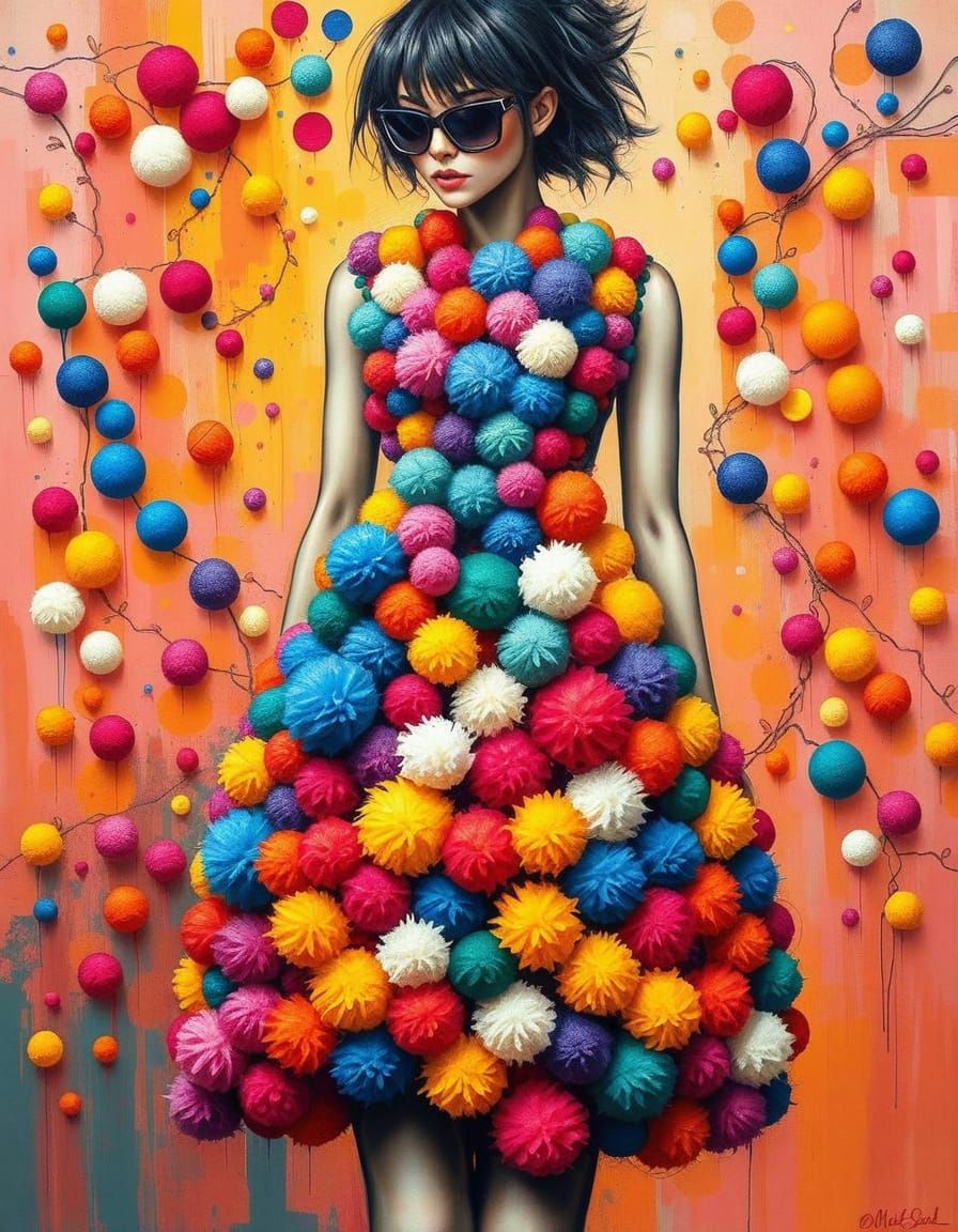 Pom Pom Dress in Cyberpunk Expressionist Style