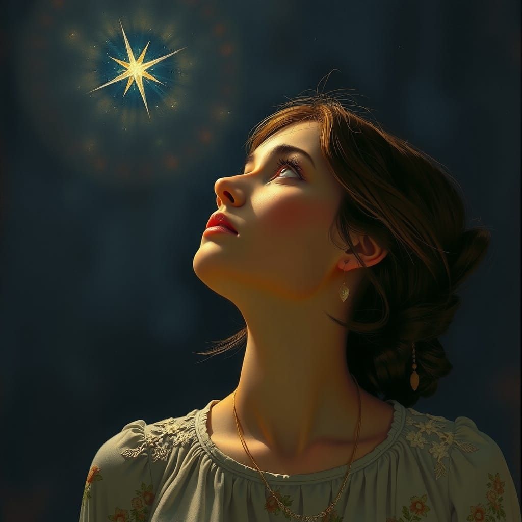 Wistful Woman Contemplates Celestial Star in Dreamy, Surreal...