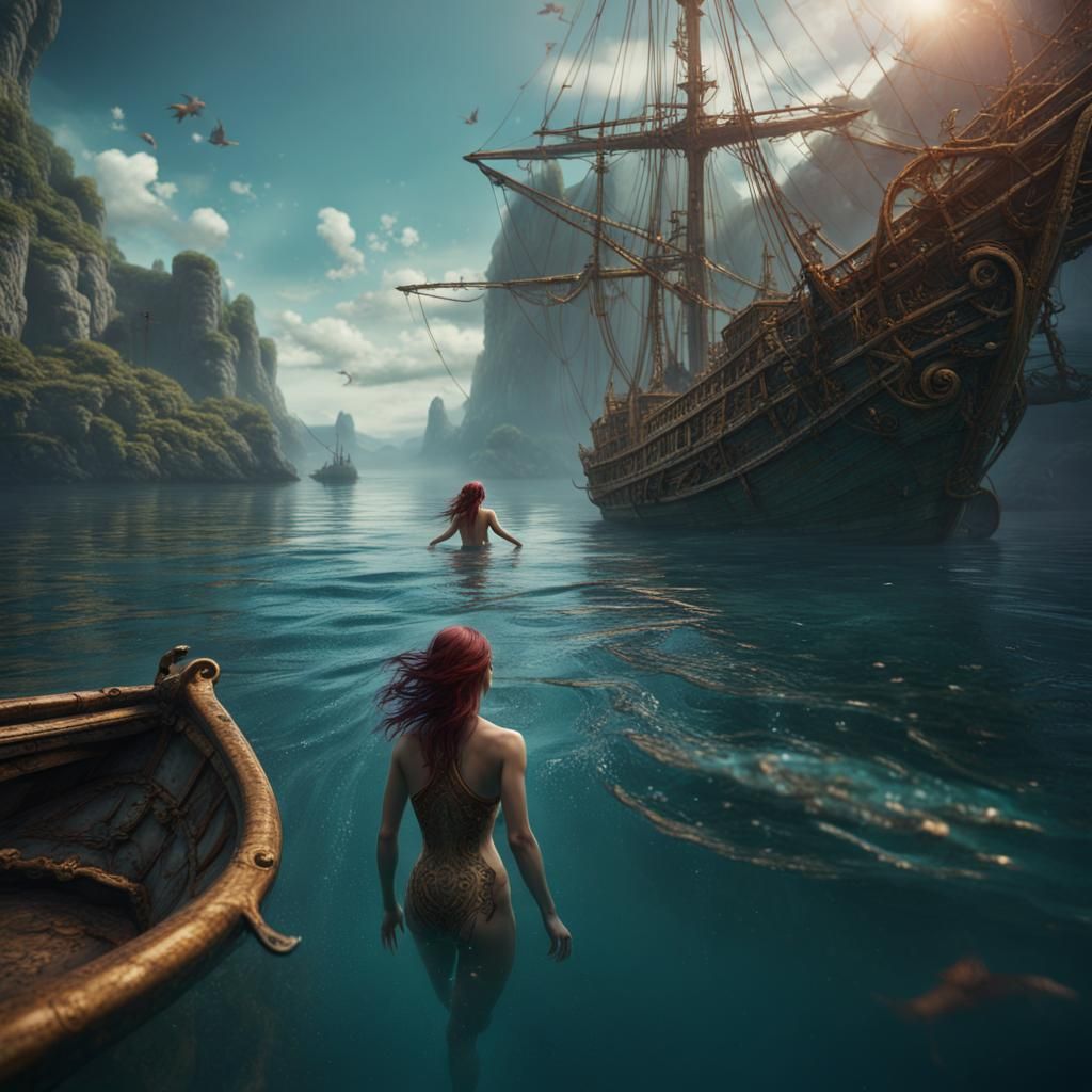 Woman Swimming Toward Distant Boat in Detailed Digital Art