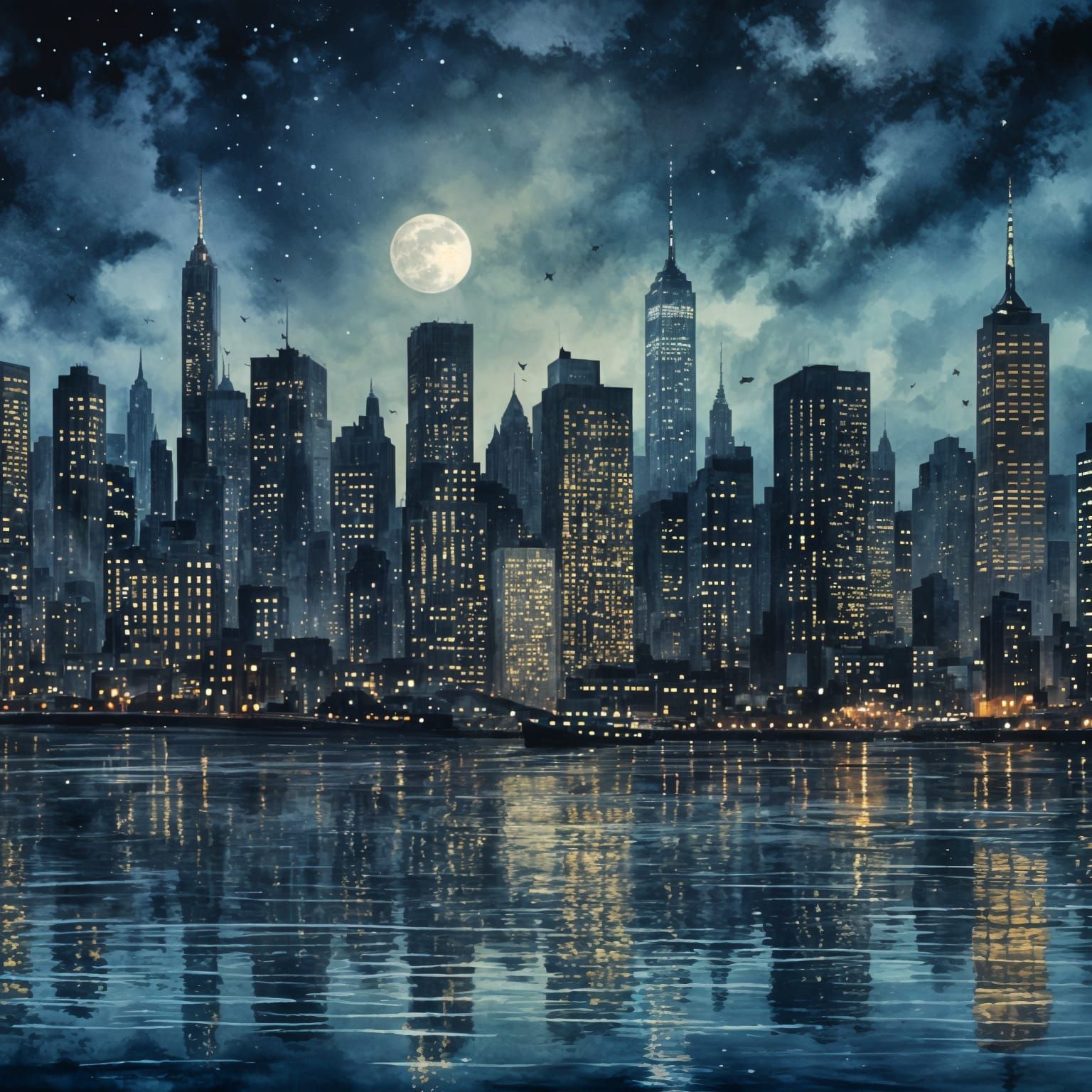 Moonlit New York Cityscape in Watercolor Style