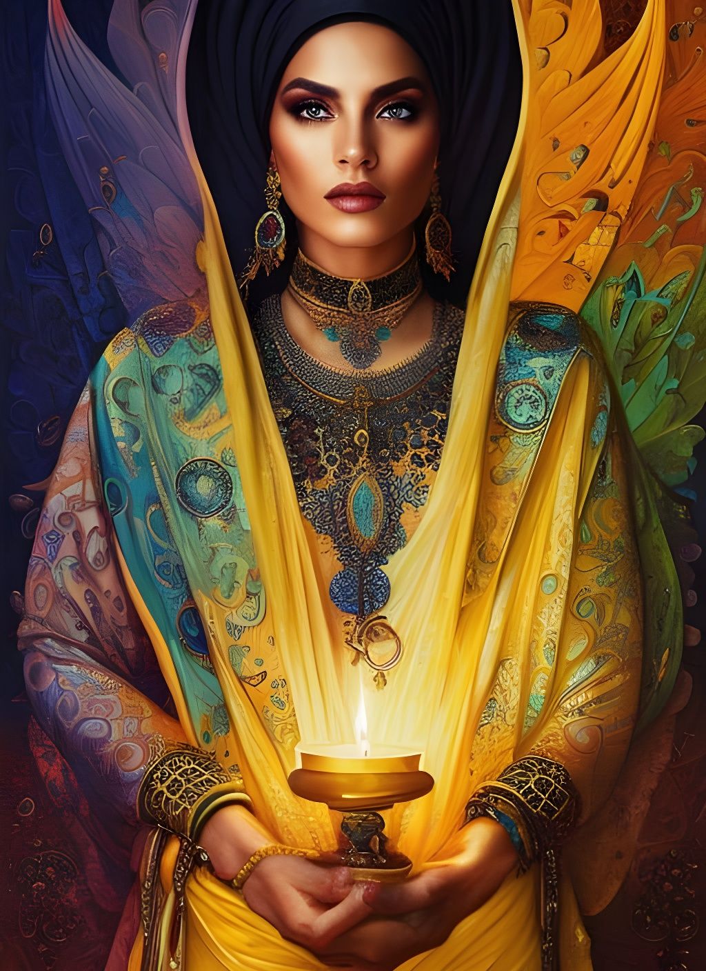 Byzantine Woman Portrait with Candle in Splash Colors