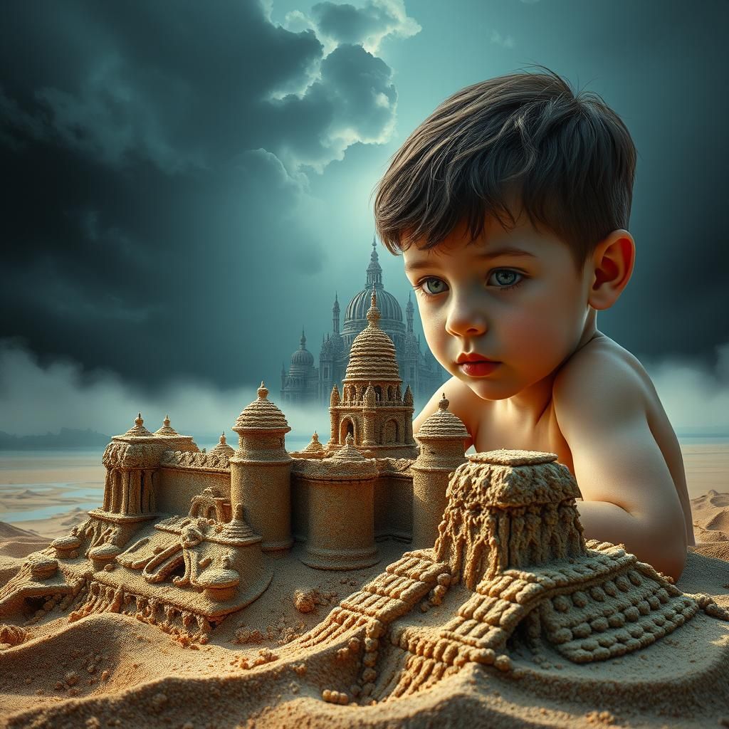 Boy Builds Sandcastle: Hyperrealistic Beach Portrait