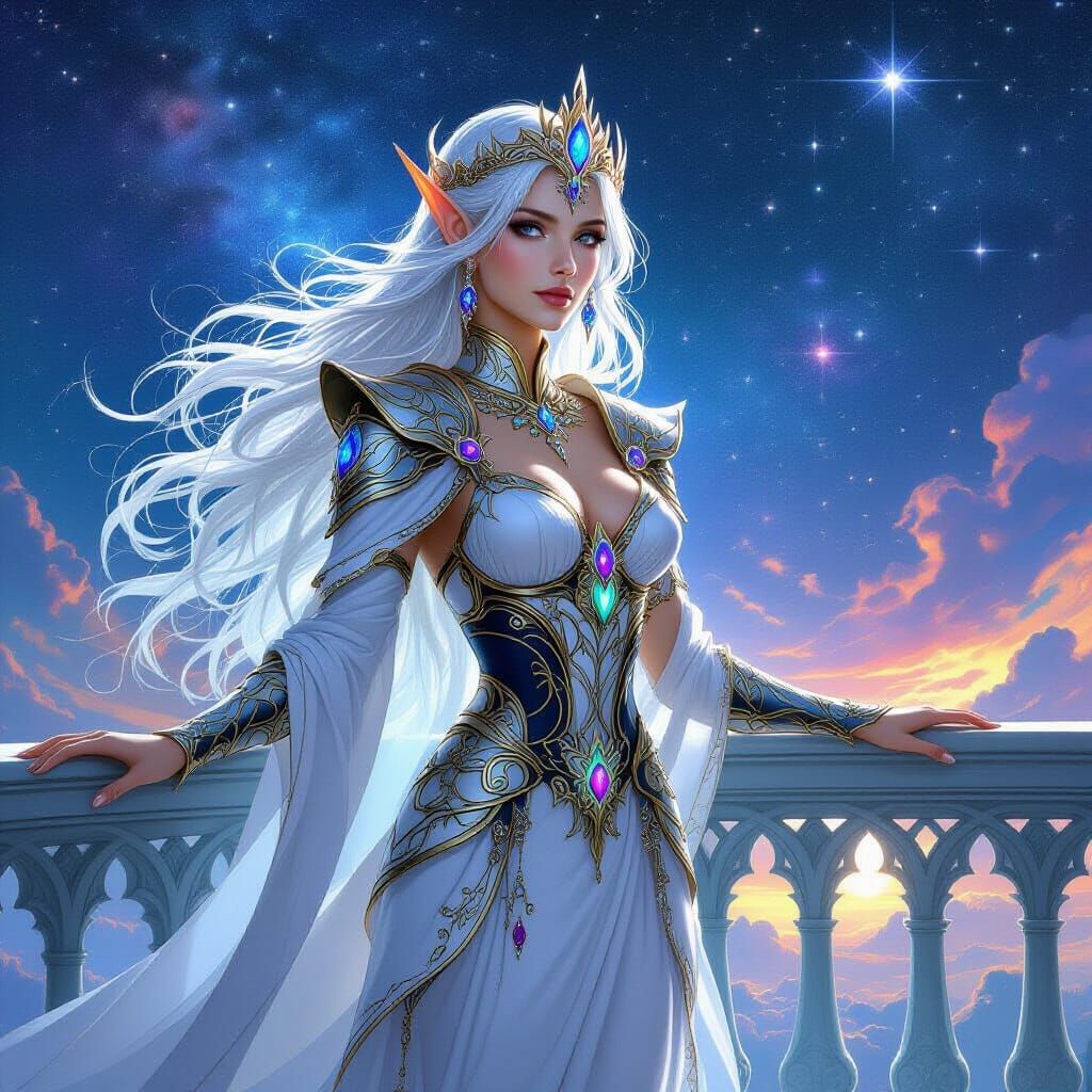 Elven Queen on Crystalline Balcony Amidst Starlit Galaxy