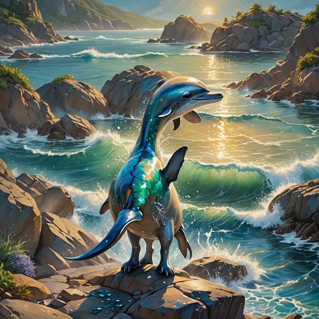 Majestic Dolphin-Cat Hybrid on Rocky Shore