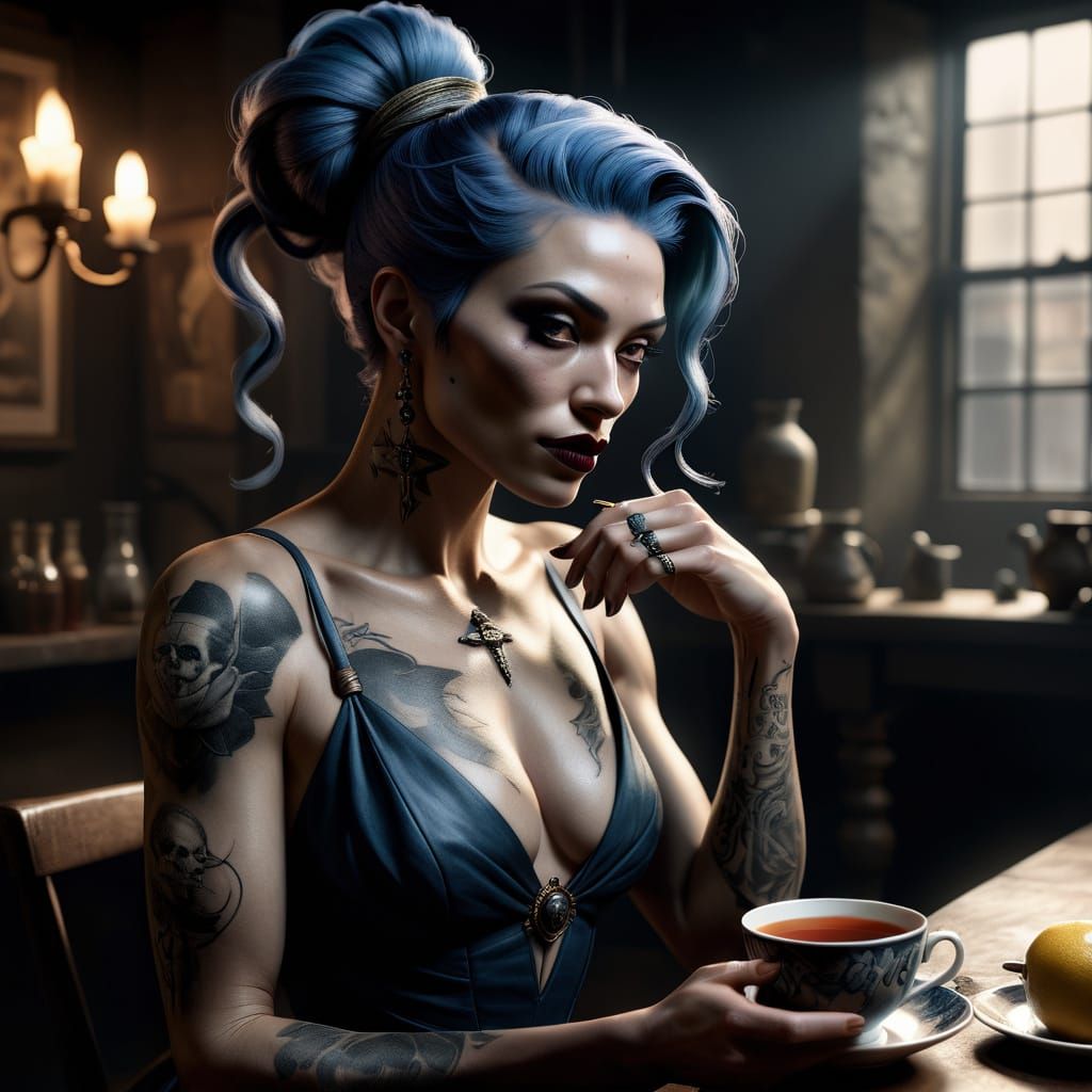 Dark Goddess Sips Tea in a Dimly Lit Basement
