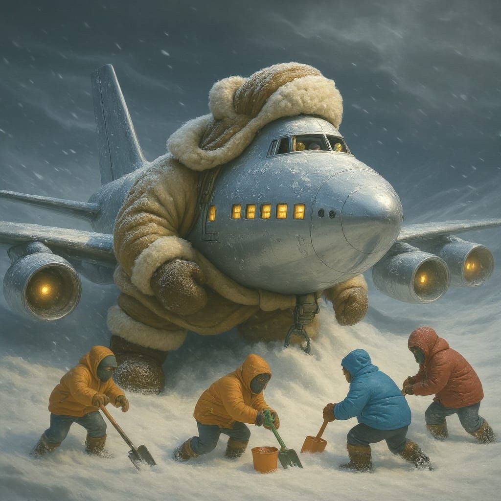 Anthropomorphic Jumbo Jet Explorer Stuck in Snow Dune