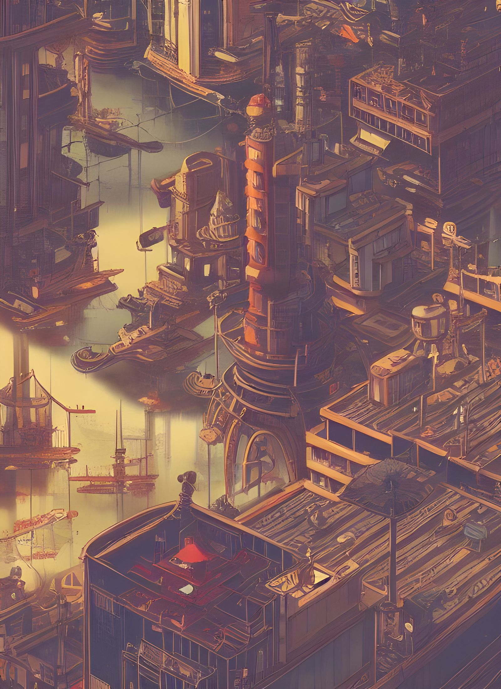 Steampunk Flying City: Digital Ukiyo-e Illustration