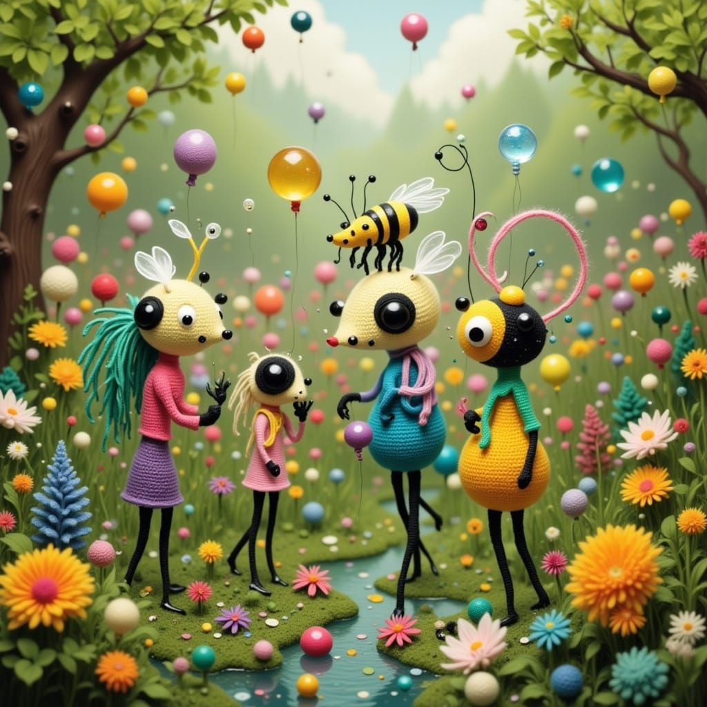 Whimsical Yarn Critters in a Surreal Landscape