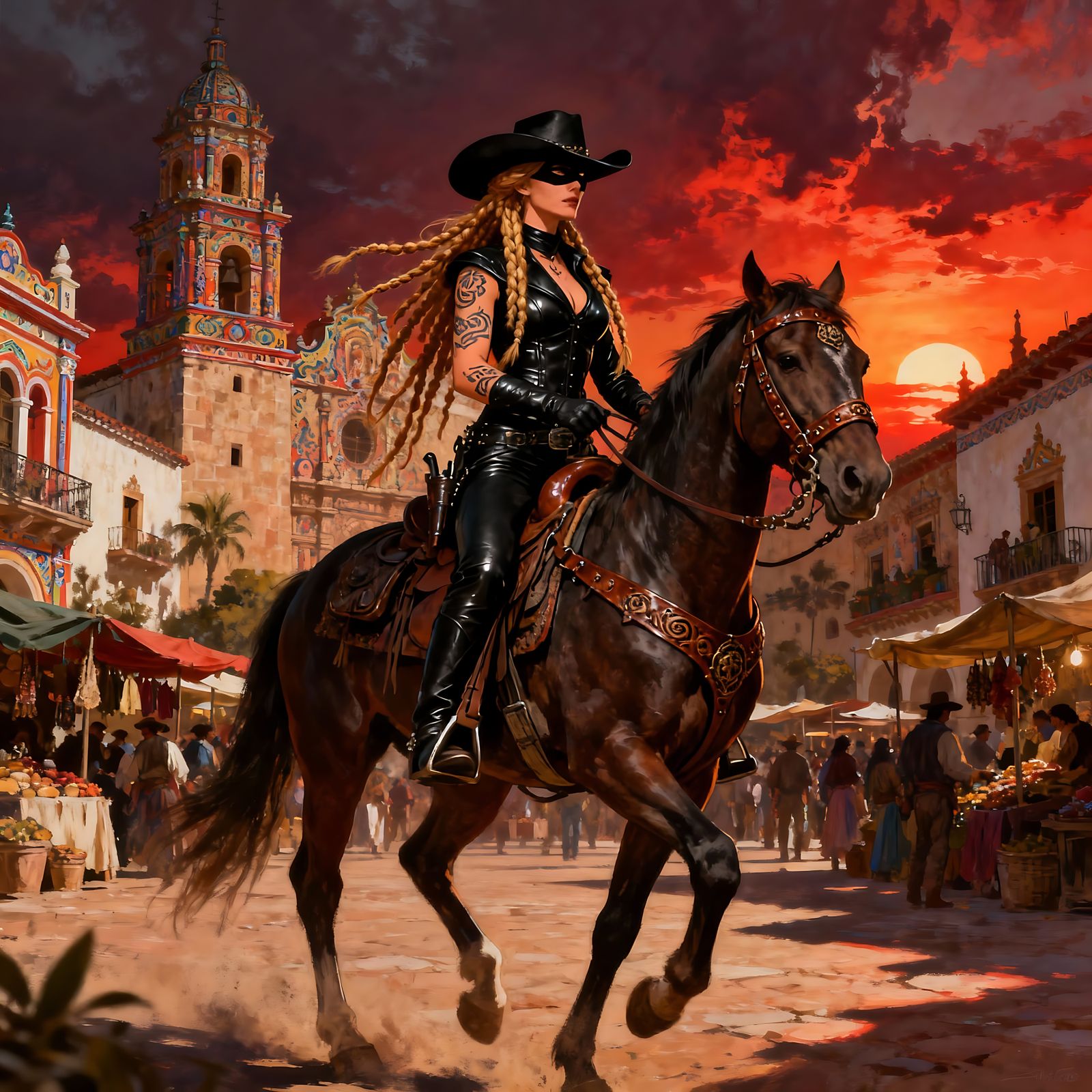Female Zorro Rides Horse in Spanish Town at Sunset