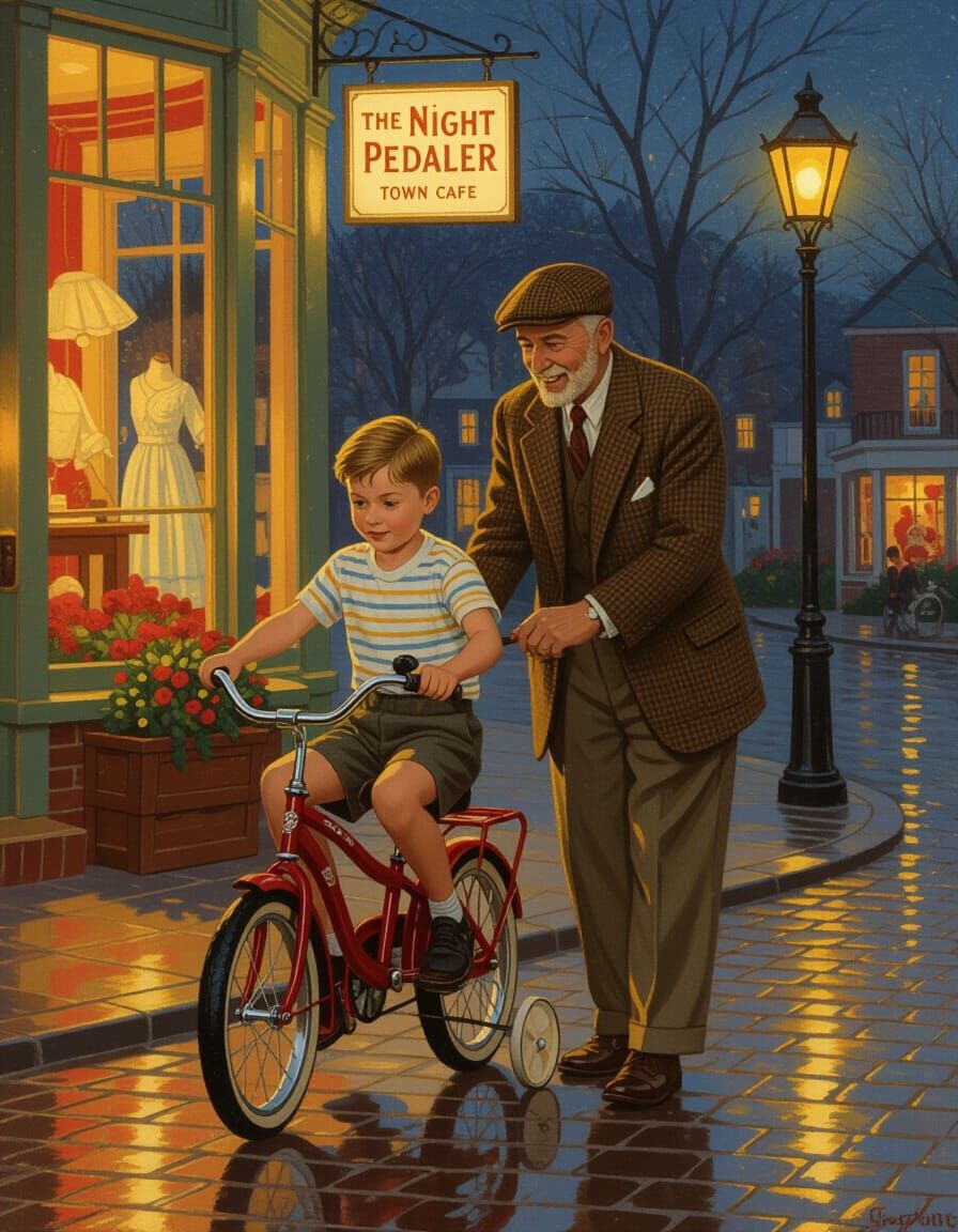 Grandfather Teaches Boy to Ride Bike in Nostalgic Oil Painti...