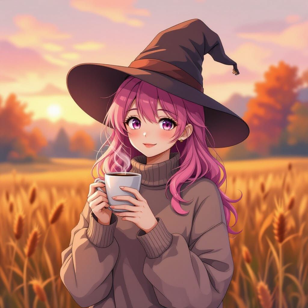 Anime Witch in Autumn Landscape, Manga Style