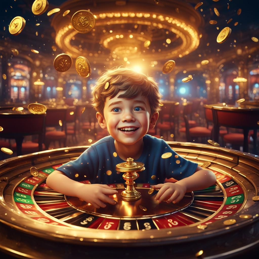 Boy Spins Roulette Wheel in Casino, Digital Art