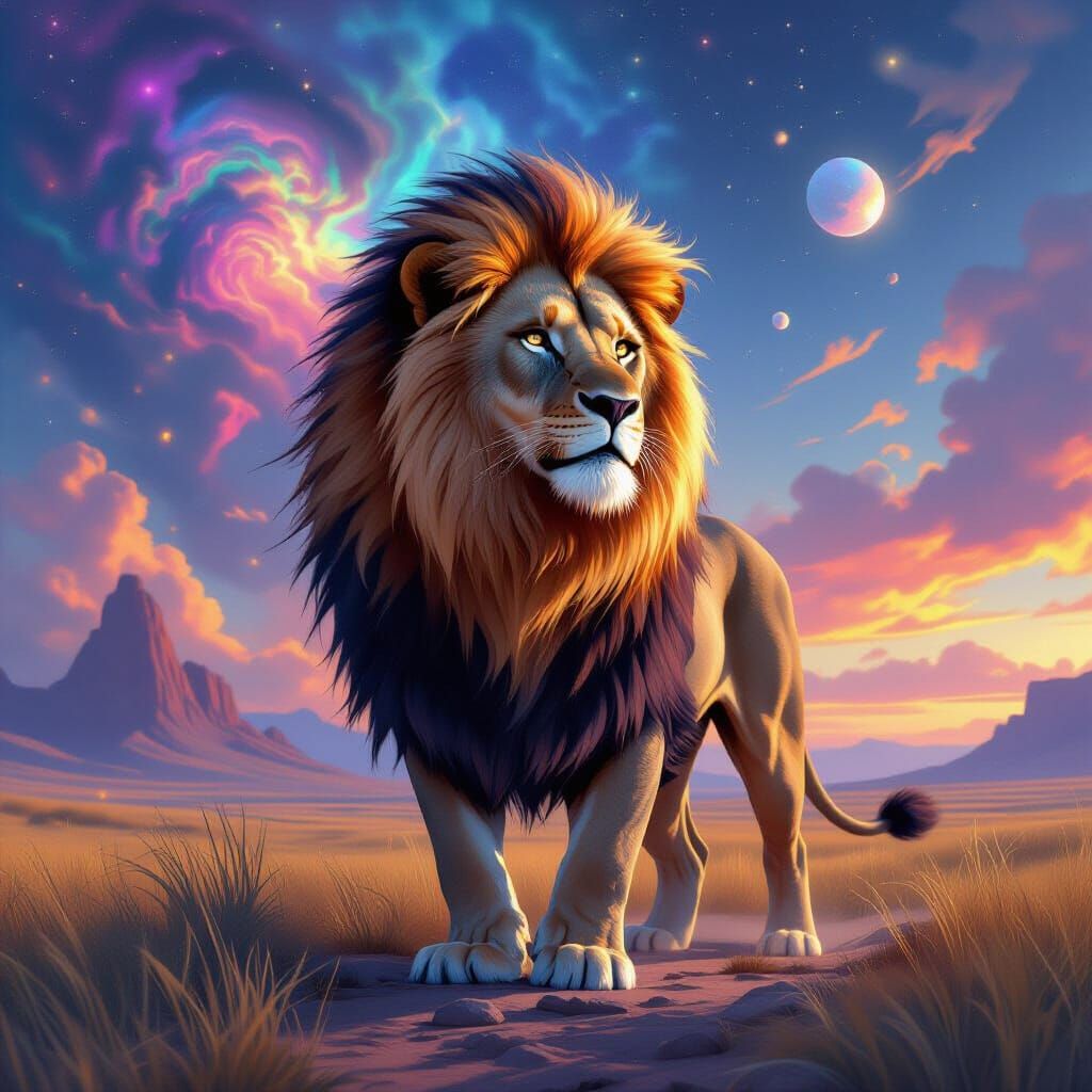 Lion with Nebula Mane in Dreamy Cosmic Landscape
