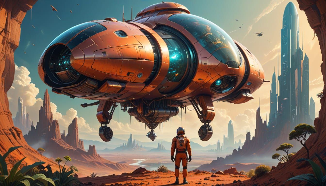 Future Mars Cityscape with Pilot and Flying Pod