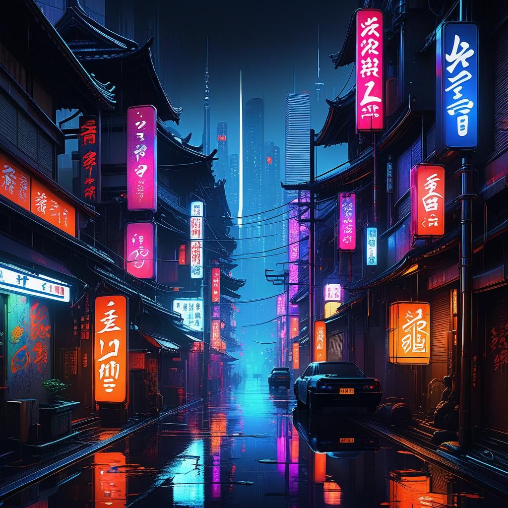 Neon Graffiti in a Dark Japanese Cyberpunk Street