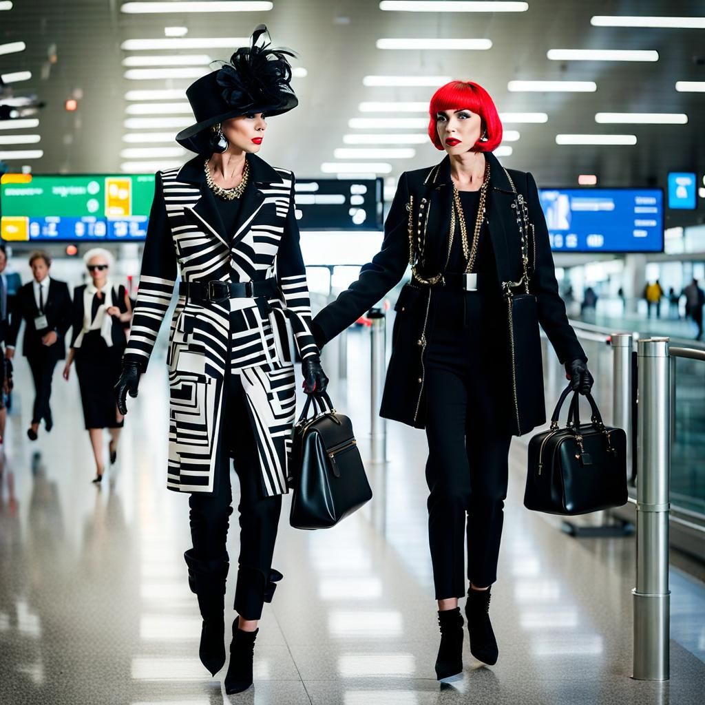 Stylish Travelers in Abstract Dresses at Airport