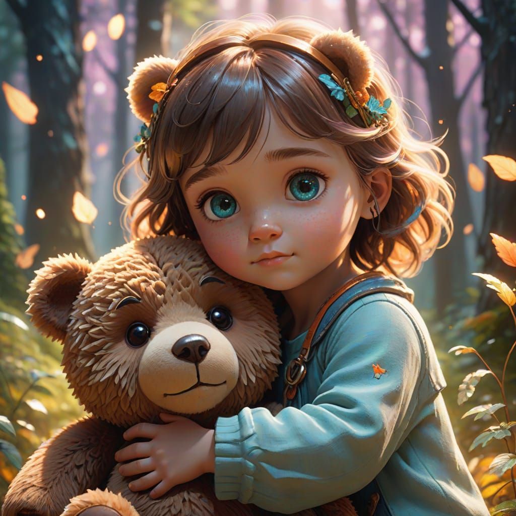 Whimsical Teddy Bear Hugged in a Dreamy Forest