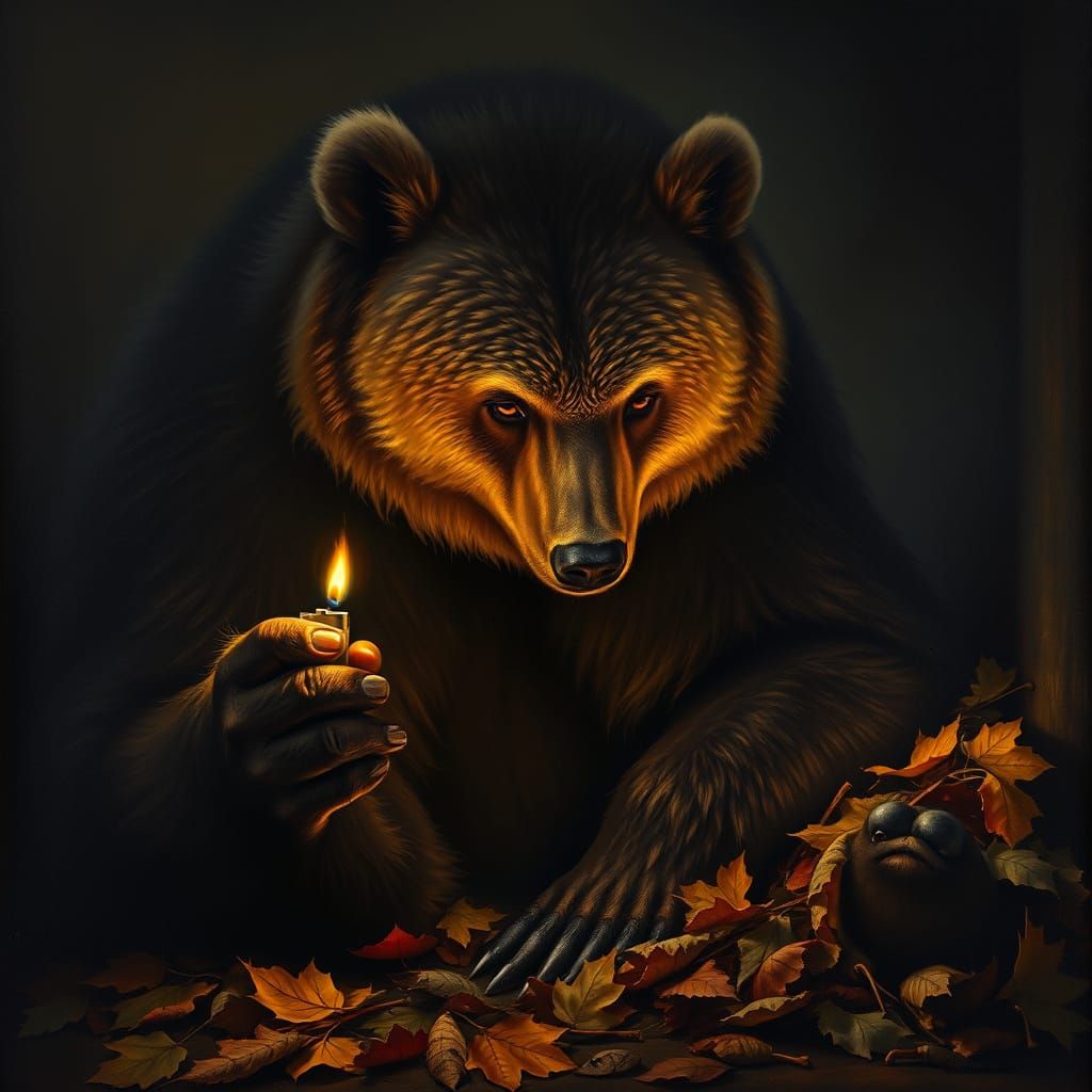 Grizzly Bear Contemplating Lighter Flame in Autumn Leaves